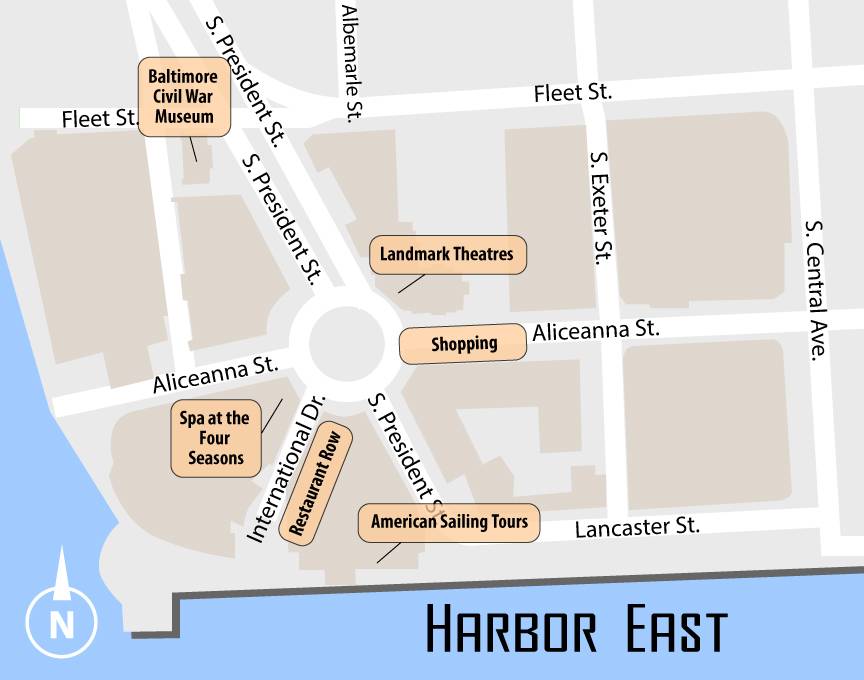 A map showing the location of harbor east.