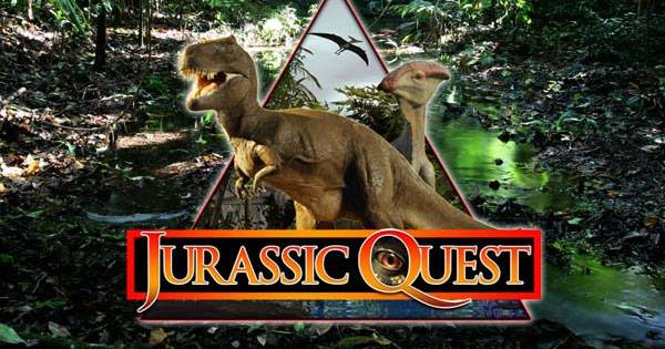 The jurassic quest logo with two dinosaurs in the background.