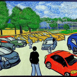 Angy teen in a car park in the style of vincent van gough