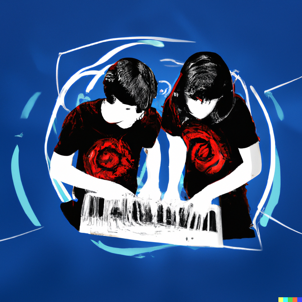 Two people playing a keyboard on a blue background at Baltimore Beats in November.