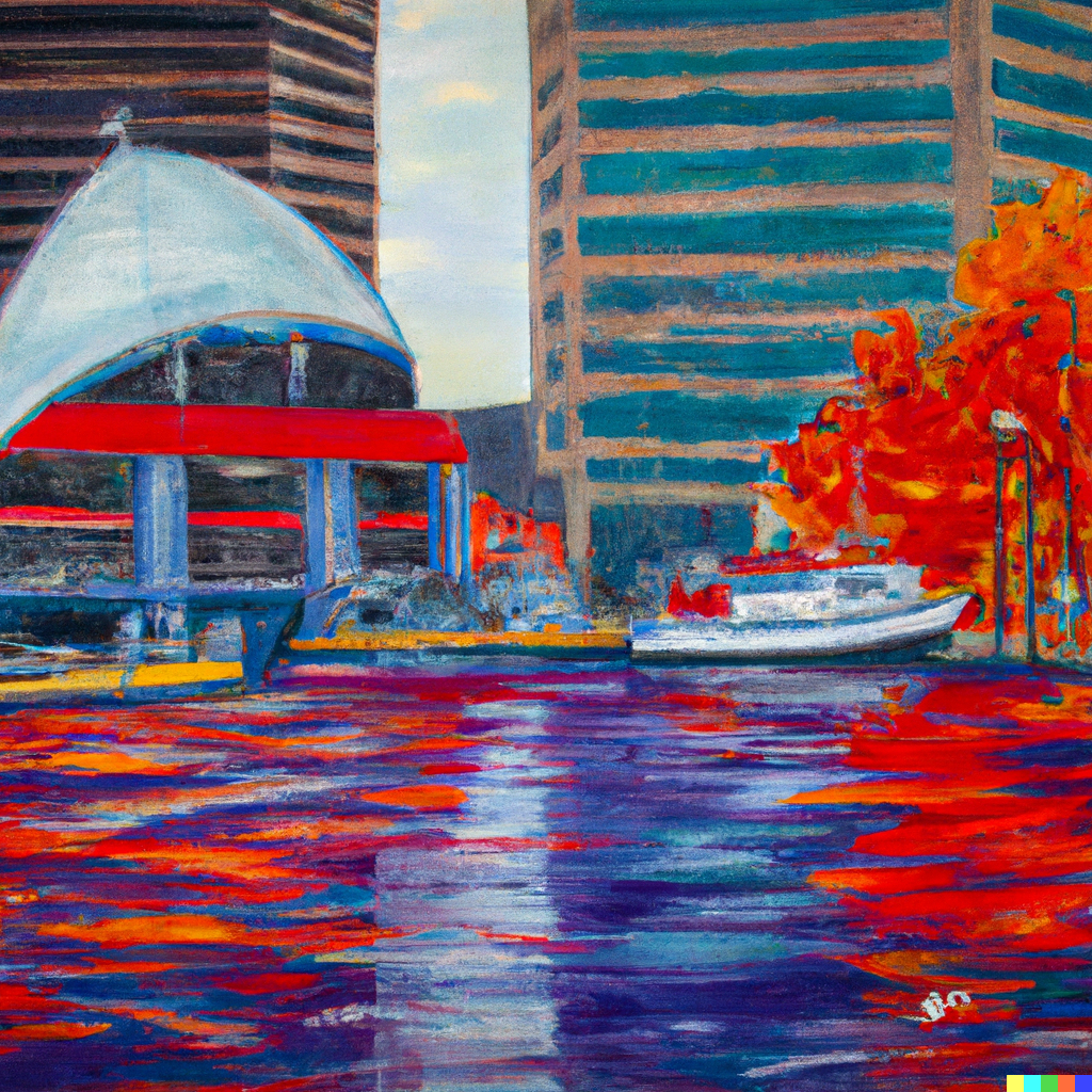 painting of the Baltimore Inner Harbor over a body of water in autumn.
