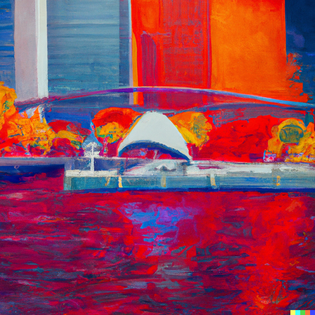 A painting of a bridge in the Baltimore Inner Harbor over a body of water in autumn.