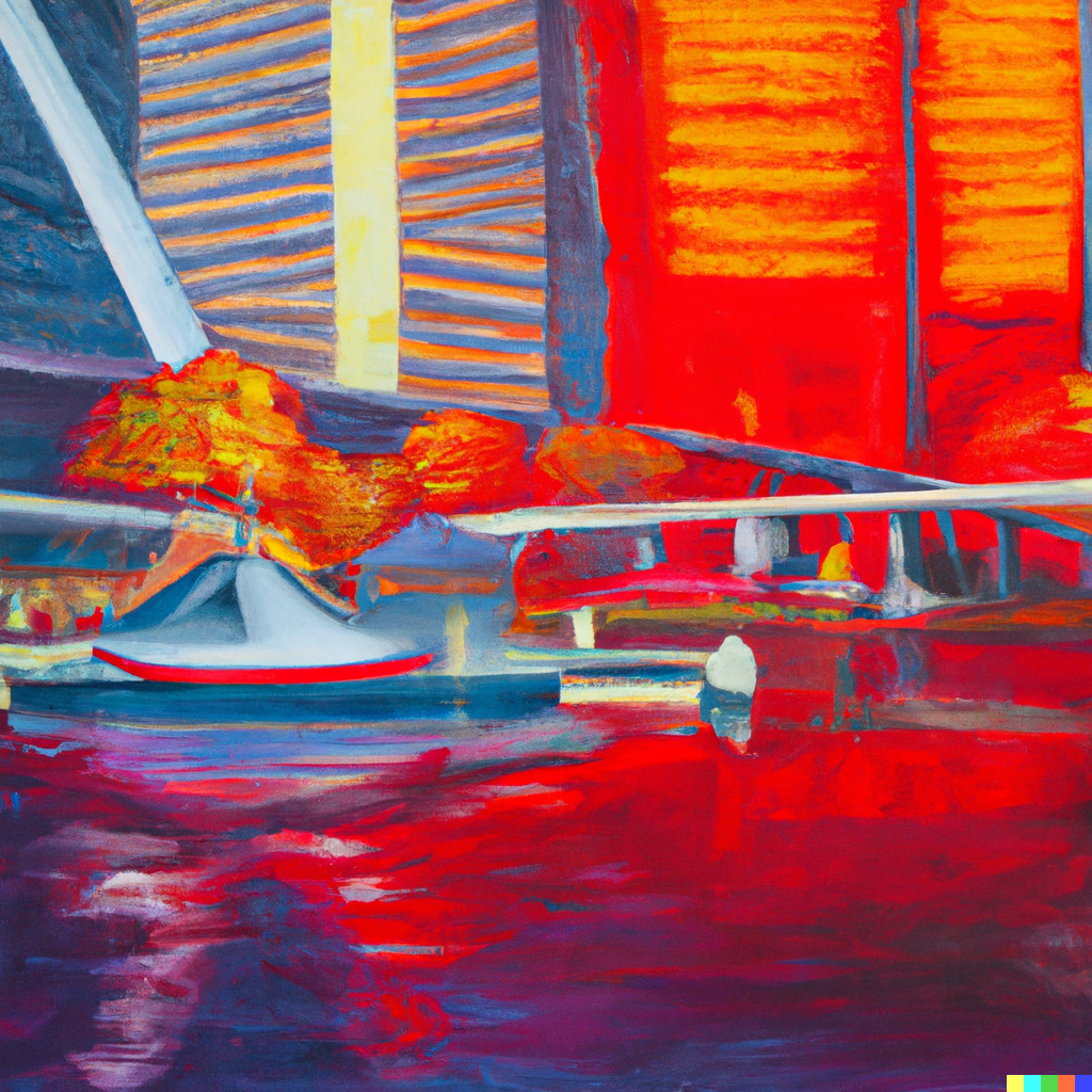 A painting of a boat in the water at the Baltimore Inner Harbor.