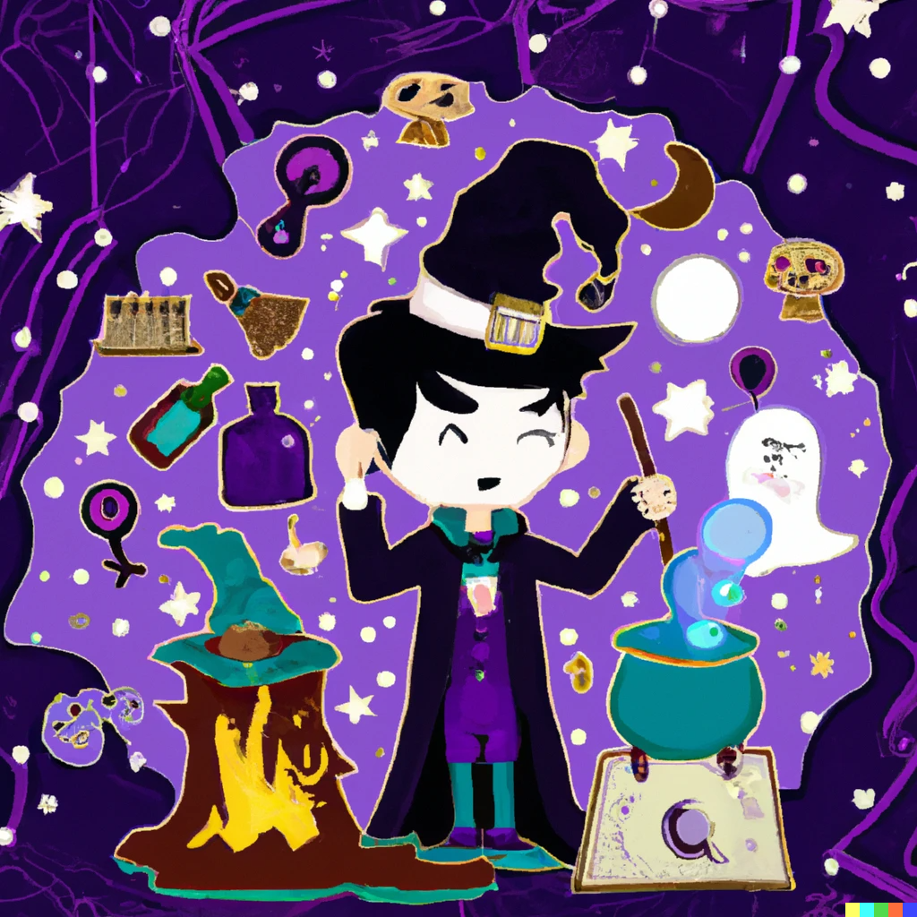 A cartoon of a witch with a cauldron and other spooky items at "Rattle Your Bones".