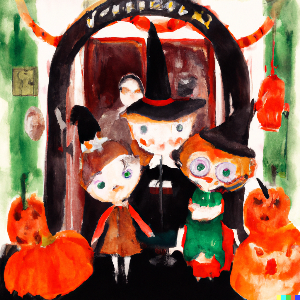 A watercolor painting of a family dressed up for halloween at "Rattle Your Bones".