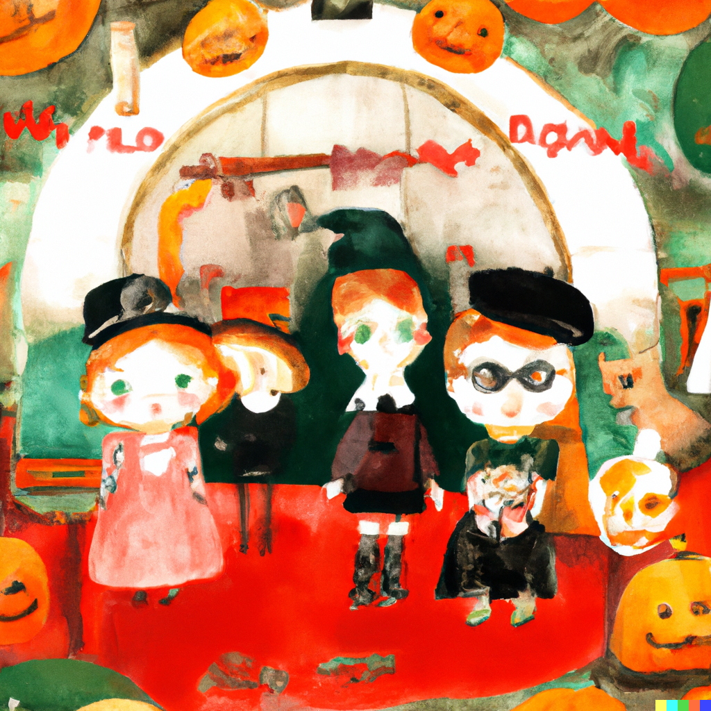 A painting of a group of children dressed up for Halloween at "Rattle Your Bones".