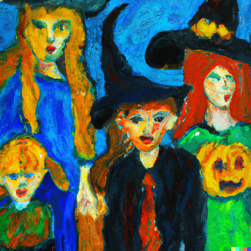 A painting of a group of witches conjuring spooktacular shenanigans at "Rattle Your Bones".
