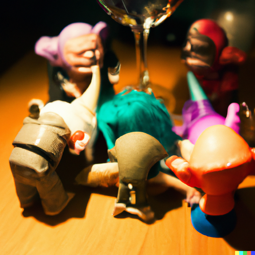 A group of toy figurines on a table next to a glass of wine, offering Spooky Wheels & Thrilling Deals.