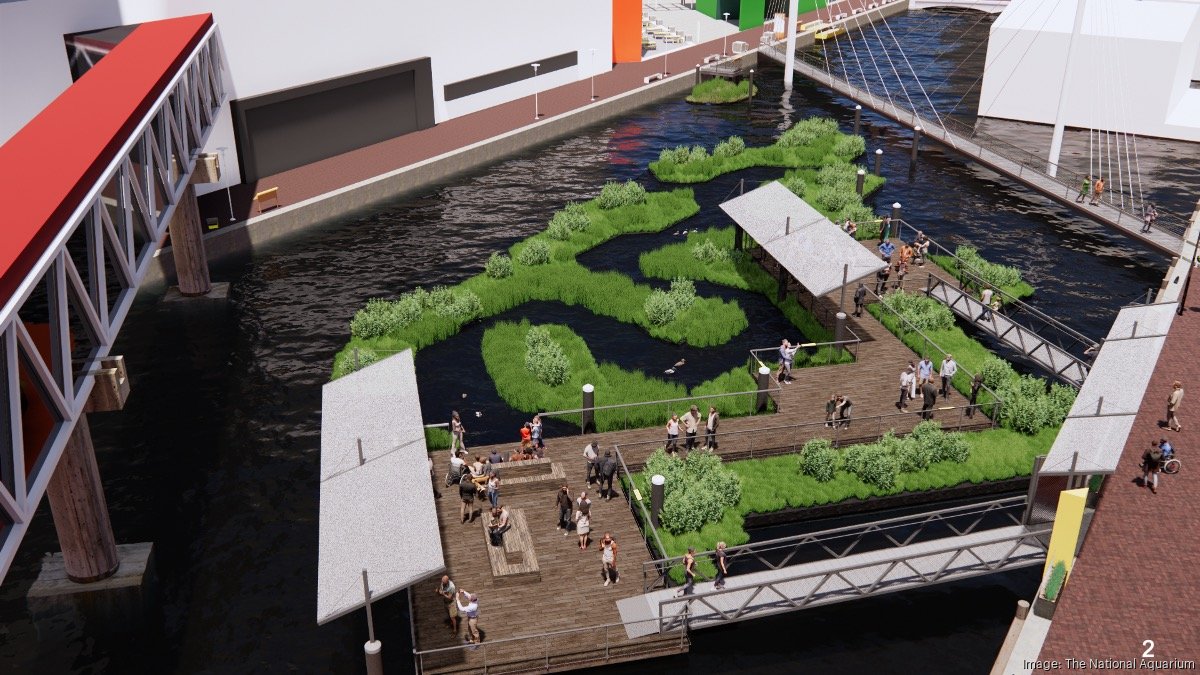 An artist's rendering of The Harbor Wetland Experience walkway with people on it.