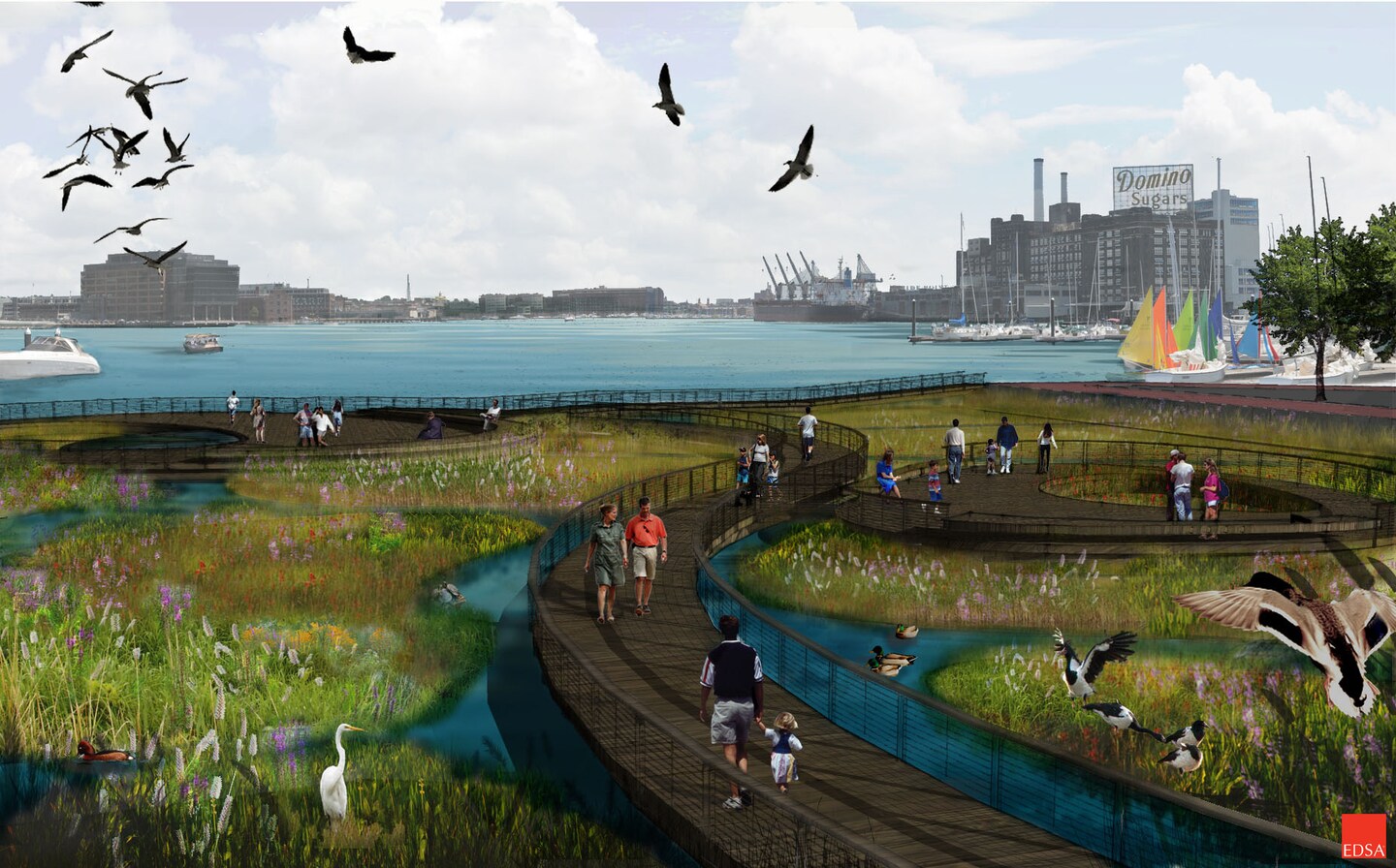 The Harbor Wetland Experience Awaits with an artist's rendering of a park with birds flying over it.