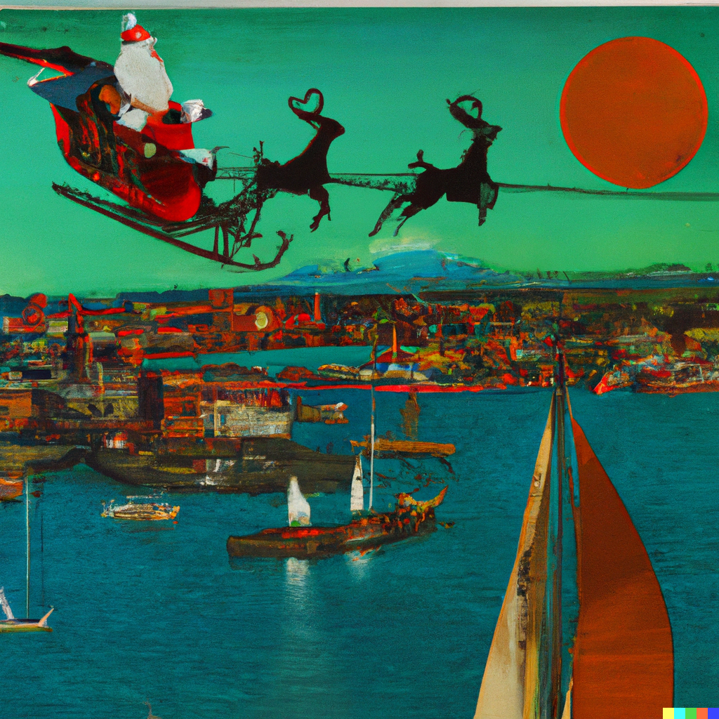 A painting of Santa Claus soaring above the Baltimore Christmas Experience, with a view of the city and Harbor Park Garage, as he spreads holiday cheer.
