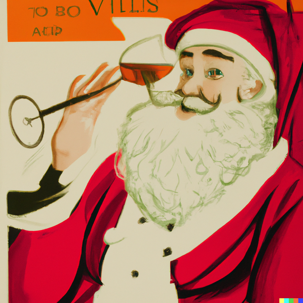 A Santa Claus enjoying a glass of wine at the Ultimate Baltimore Christmas Experience.