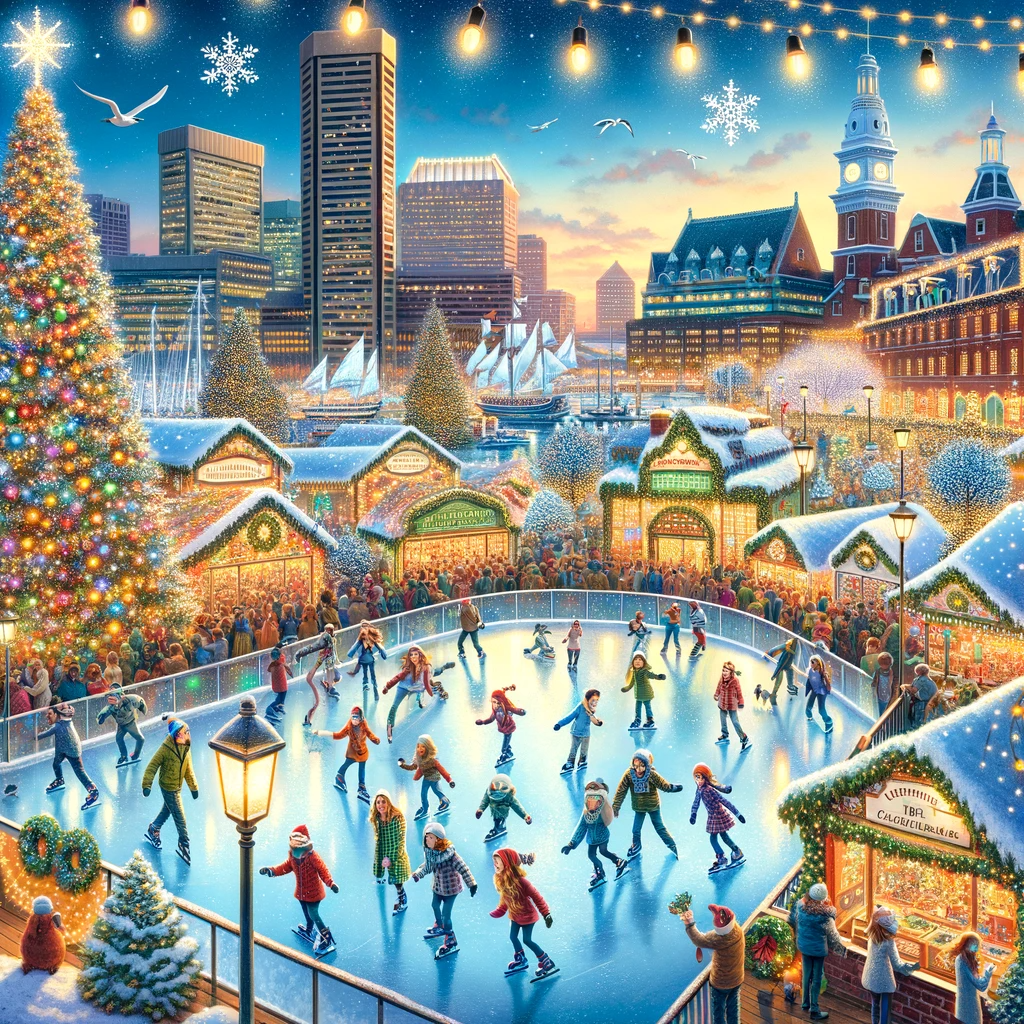Baltimore's Holiday Festivities come alive at Harbor Park Garage, where a picturesque Christmas scene unfolds with people joyfully skating on an ice rink.