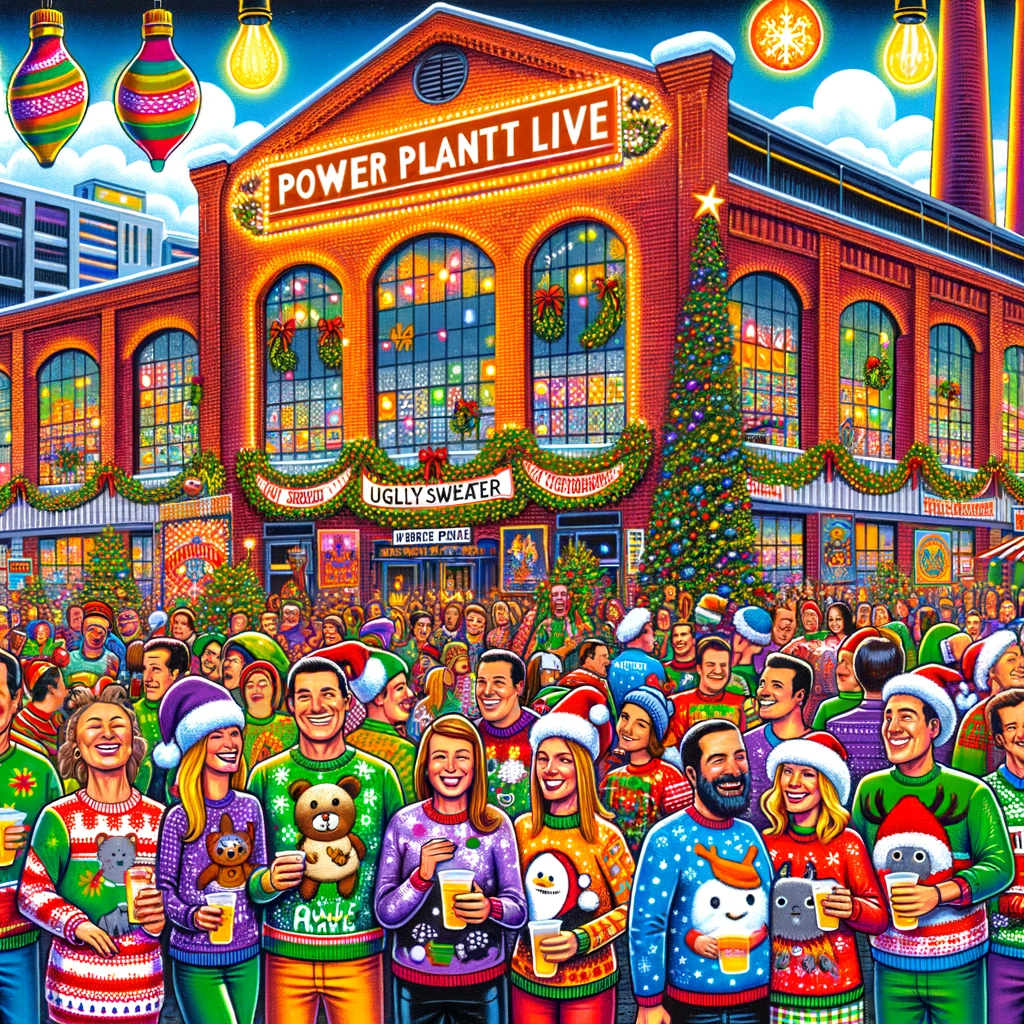 A painting capturing Baltimore's Holiday Festivities, with a group of people gathered in front of a building near Harbor Park Garage.