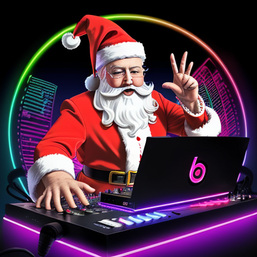 A Santa Claus djing on a laptop, spreading December joy with some Baltimore Beats.