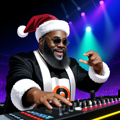 In December, a man in a Santa hat is skillfully manipulating a DJ mixer, creating captivating Baltimore Beats.