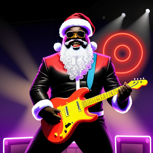 In December, a man dressed as Santa Claus is playing a guitar.