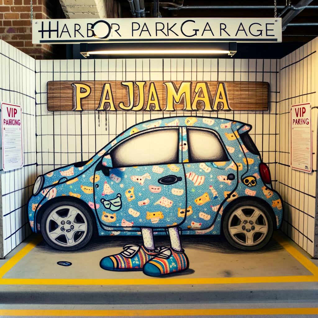 A Special car is painted on the wall of a garage.