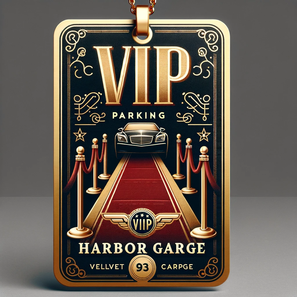 A vip parking tag with a car on the red carpet at a Parking Special event.