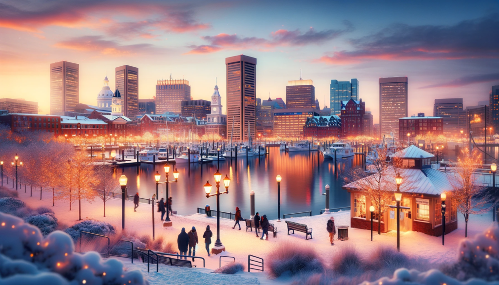 A winter scene of Inner Harbor in Baltimore with snow on the ground.