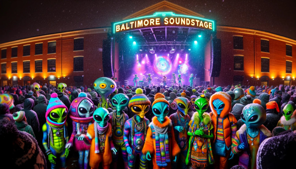 A group of aliens enjoying a Baltimore Beats concert at Inner Harbor.