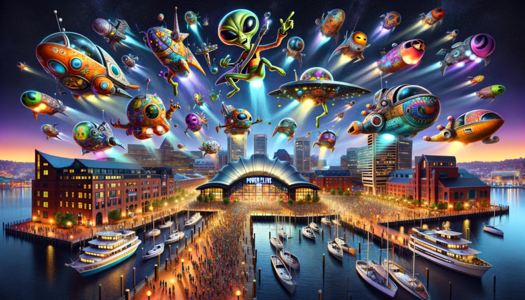 A painting of aliens flying over a city during January.