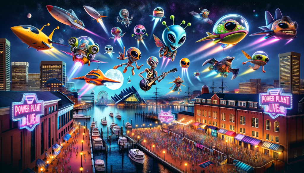 A painting of aliens flying over the Inner Harbor in Baltimore.