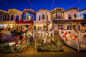 A Holiday house in Fells Point, Baltimore is decorated with Christmas lights and decorations.