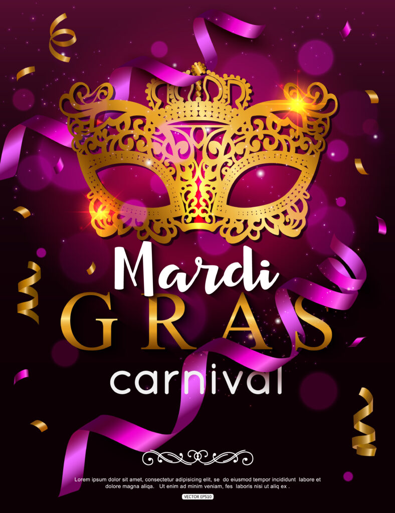 Mardi gras carnival poster with golden mask and ribbons featuring Mardi Gras Live.