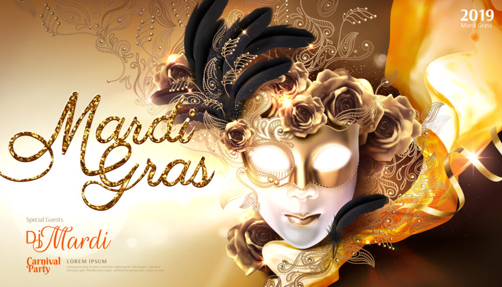 Mardi Gras flyer featuring a striking golden mask and shimmering gold feathers at Power Plant Live.
