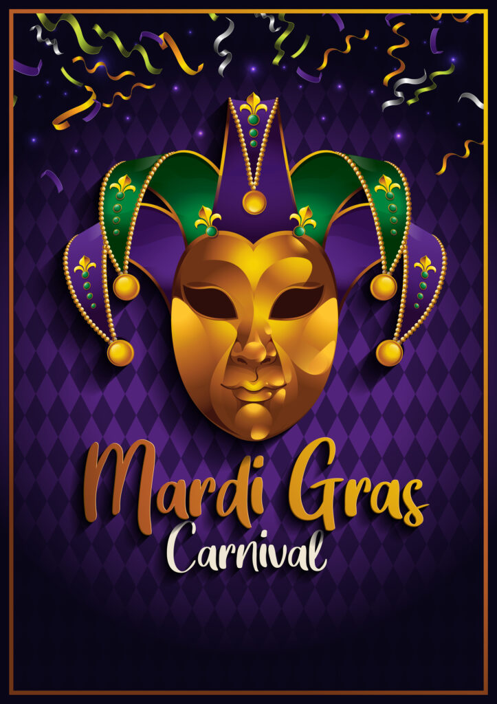 Mardi Gras carnival poster featuring a mask and confetti at Power Plant Live.