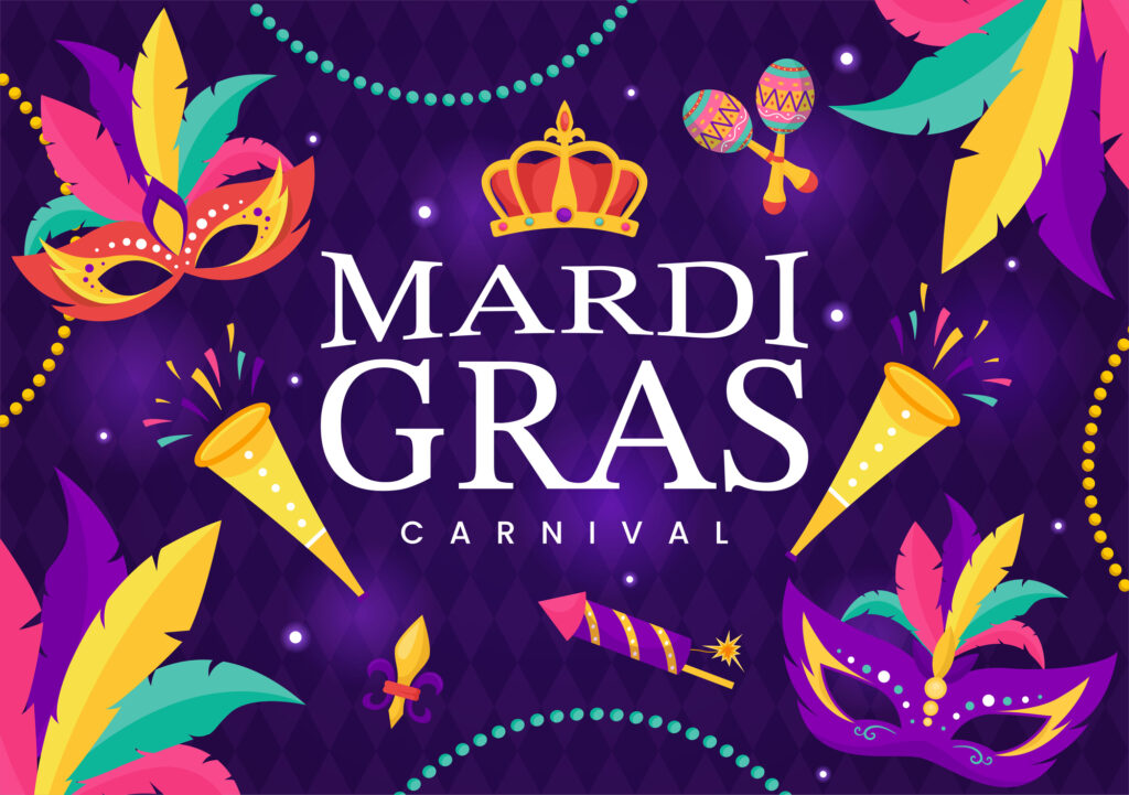 Mardi Gras carnival at Power Plant Live with colorful masks and feathers.