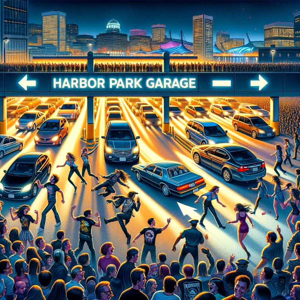 An illustration of a crowd at a harbor park garage in Baltimore in March 2024.