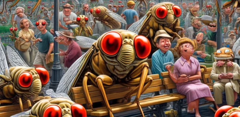 A humorous and lively depiction of a cicada invasion in an urban park setting. The scene includes numerous oversized cicadas, each with exaggerated red eyes