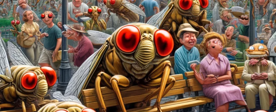 A humorous and lively depiction of a cicada invasion in an urban park setting. The scene includes numerous oversized cicadas, each with exaggerated red eyes