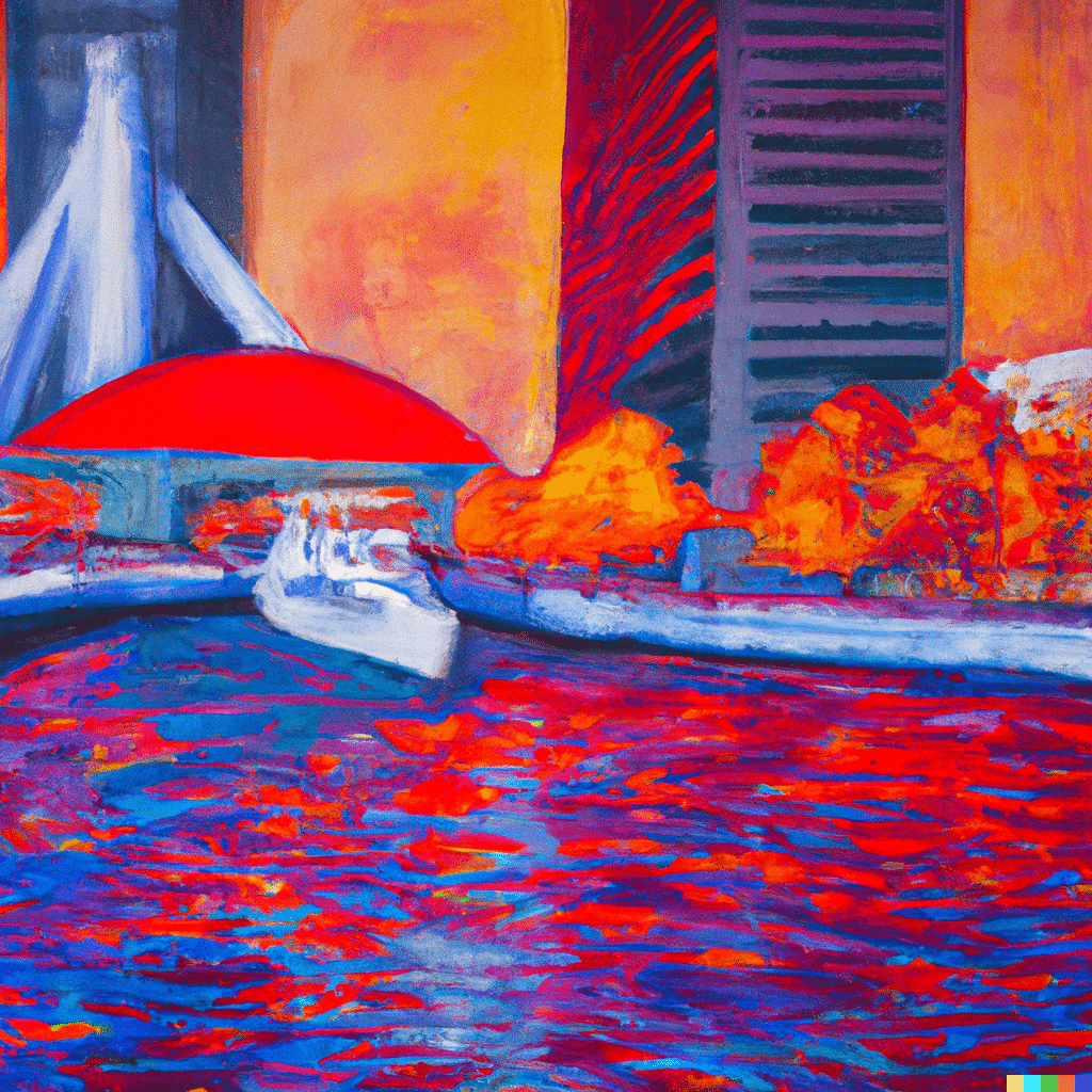 A painting of a bridge in the Baltimore Inner Harbor over a body of water in autumn.