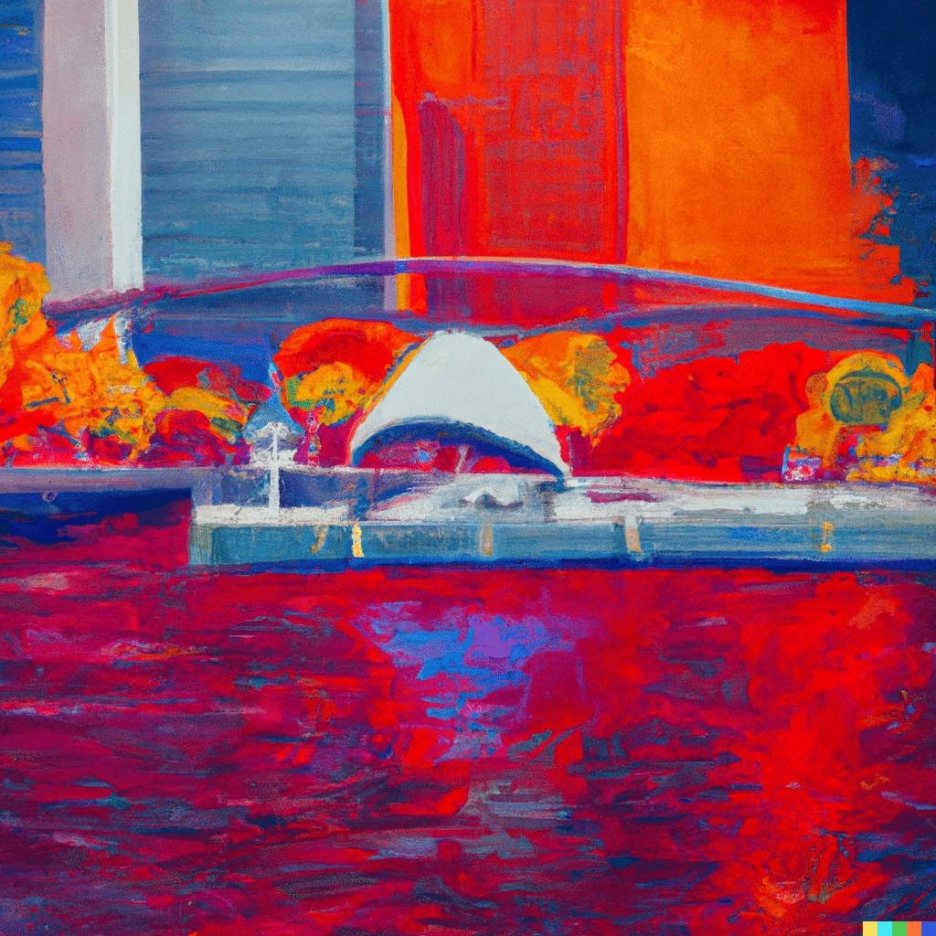 A painting of a bridge in the Baltimore Inner Harbor over a body of water in autumn.