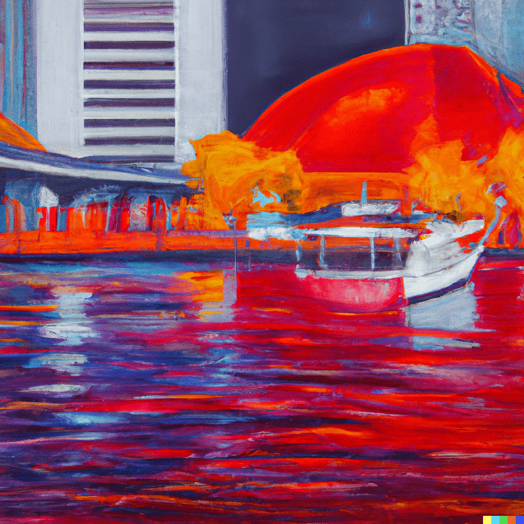 A painting of a boat in the water, showcasing Harbor Park Garage's Special Parking Offers for Hotel Guests.