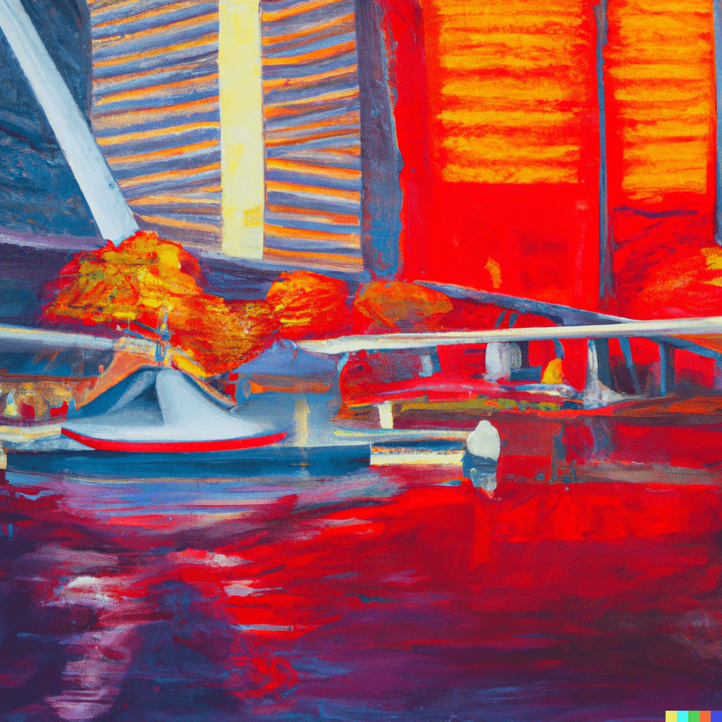 A painting of a boat in the water at the Baltimore Inner Harbor.