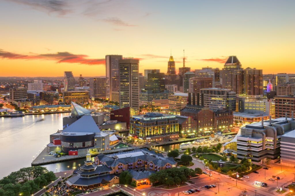 Baltimore city skyline at sunset near Harbor Park Garage.