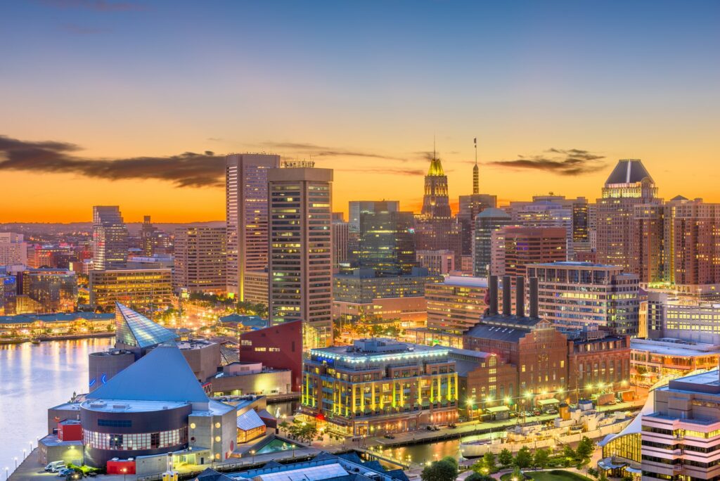 Baltimore city skyline at sunset near Harbor Park Garage.