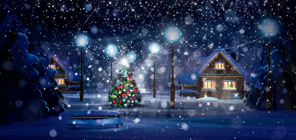 A Miracle at 34 Market Place brings forth a snowy Christmas scene adorned with a beautifully decorated Christmas tree.