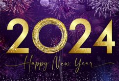 2024 happy new year celebration on purple background with fireworks at Power Plant Live.