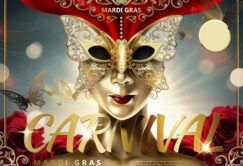 Mardi Gras flyer template with a woman in a gold mask at Power Plant Live.