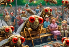 A humorous and lively depiction of a cicada invasion in an urban park setting. The scene includes numerous oversized cicadas, each with exaggerated red eyes