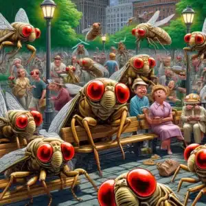 A humorous and lively depiction of a cicada invasion in an urban park setting. The scene includes numerous oversized cicadas, each with exaggerated red eyes