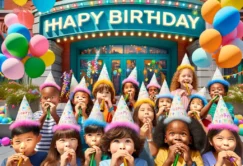 A vibrant scene at a community birthday party outside Port Discovery Children's Museum. The image features a group of children of various ethnicities