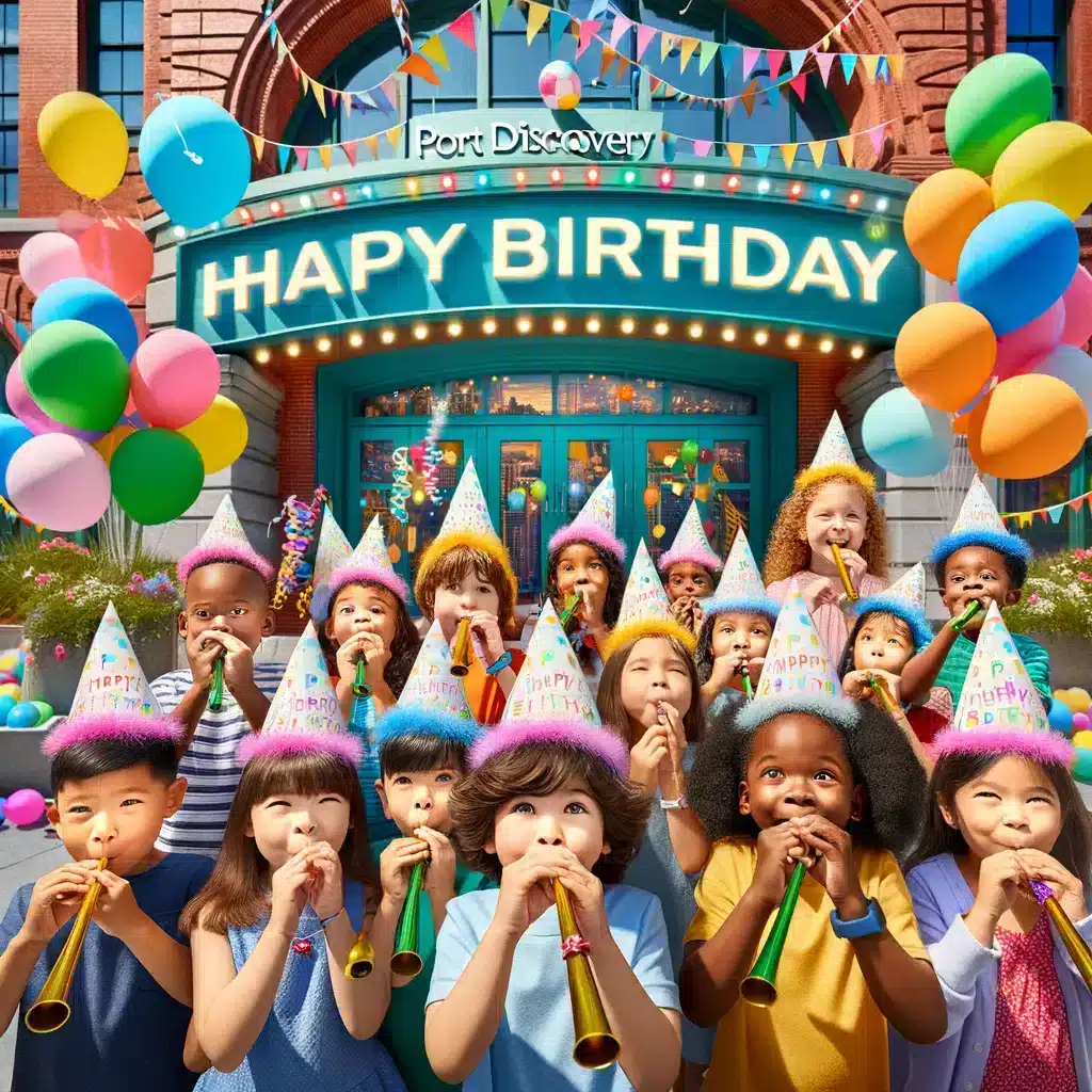 A vibrant scene at a community birthday party outside Port Discovery Children's Museum. The image features a group of children of various ethnicities