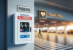 A modern parking garage entrance with a Defibtech Lifeline VIEW_ECG AED device in a white alarmed box mounted on the wall of the parking office.