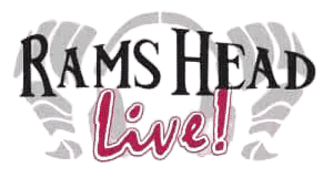 Logo for Rams Head Live! with stylized black text for "Rams Head" and red script for "Live!" over a graphic of ram's horns in the background.